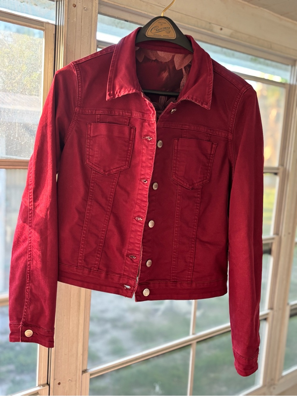 VENUS Reversible Red Denim Jacket with Button Front and Red Floral Denim